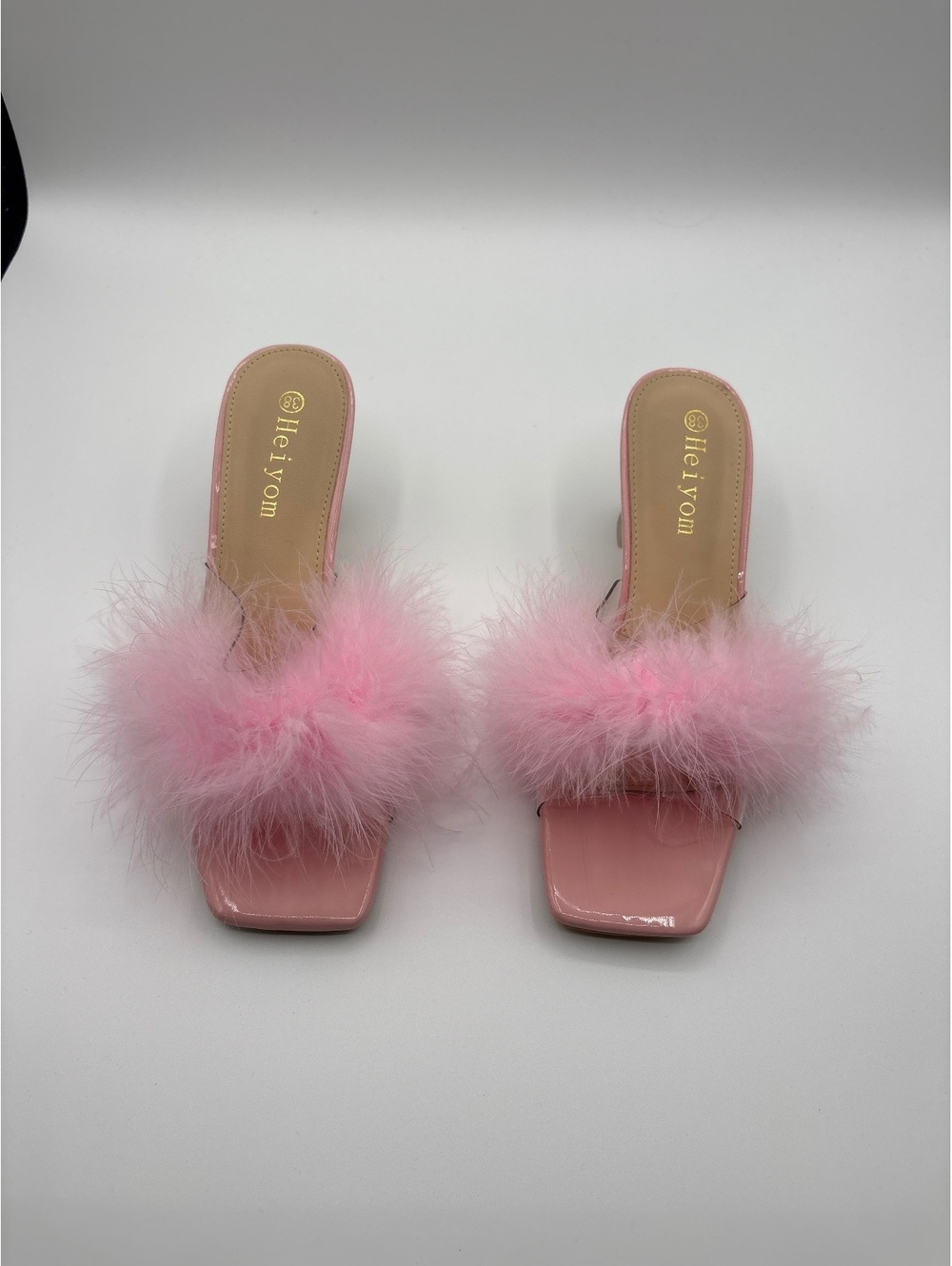 Heiyom Pink Feather Strap Slide Sandals with Clear Heel Size 7